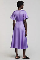 Load image into Gallery viewer, Purple A Line Satin Midi Work Dress with Sleeves
