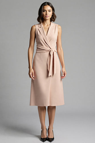 Champagne A Line Satin Notched Lapel Midi Work Dress with Ruffles