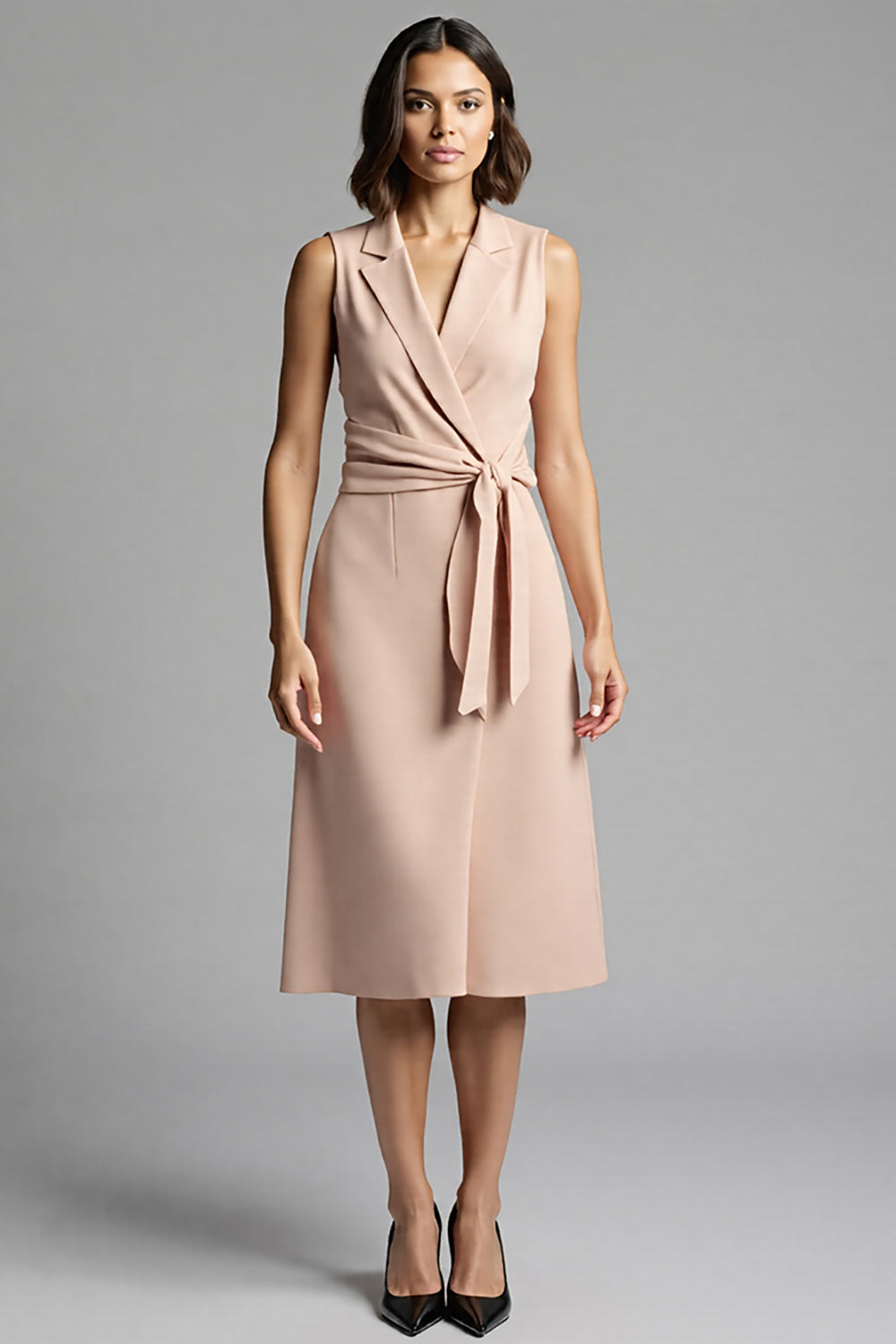 Champagne A Line Satin Notched Lapel Midi Work Dress with Ruffles