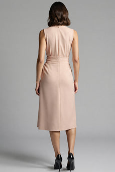 Champagne A Line Satin Notched Lapel Midi Work Dress with Ruffles