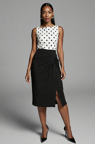 Black and White Bodycon Polka Dots Satin Midi Work Dress with Slit