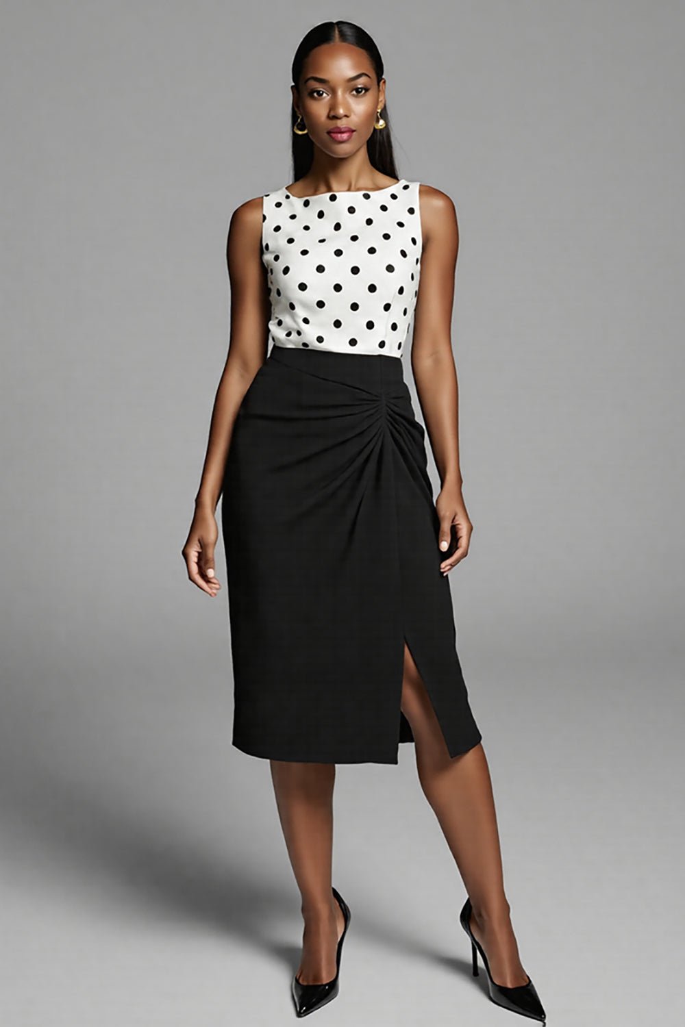 Black and White Bodycon Polka Dots Satin Midi Work Dress with Slit