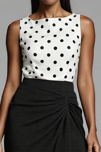 Black and White Bodycon Polka Dots Satin Midi Work Dress with Slit