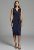 Load image into Gallery viewer, Navy Satin Bodycon Ruched Midi Work Dress