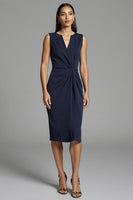 Load image into Gallery viewer, Navy Satin Bodycon Ruched Midi Work Dress