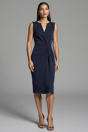 Navy Satin Bodycon Ruched Midi Work Dress