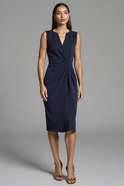 Navy Satin Bodycon Ruched Midi Work Dress