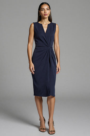 Navy Satin Bodycon Ruched Midi Work Dress