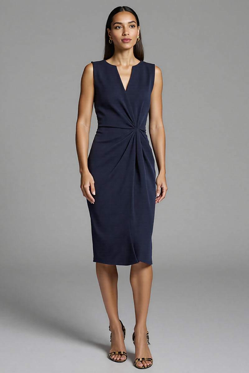 Load image into Gallery viewer, Navy Satin Bodycon Ruched Midi Work Dress