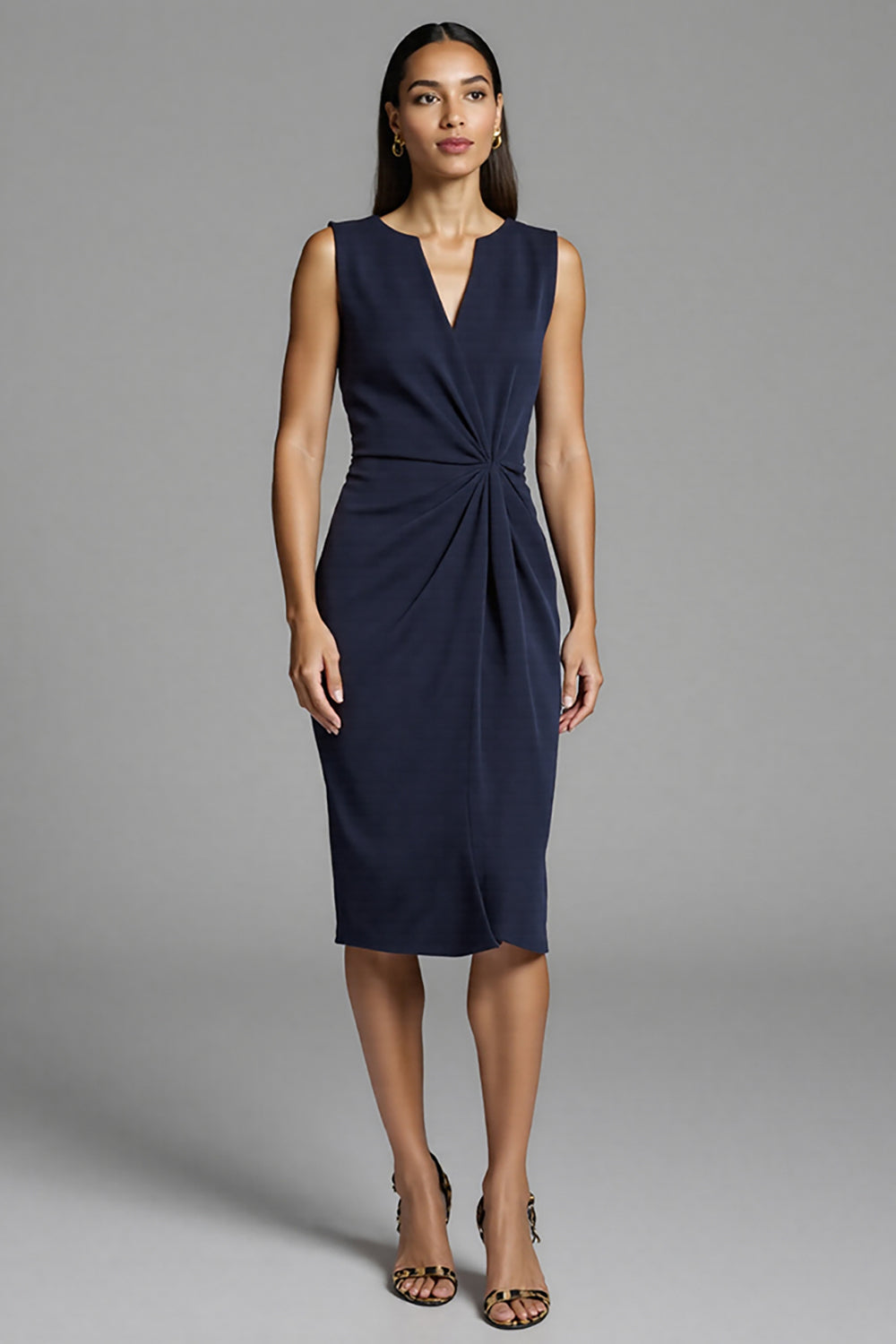 Navy Satin Bodycon Ruched Midi Work Dress