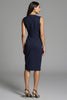 Load image into Gallery viewer, Navy Satin Bodycon Ruched Midi Work Dress