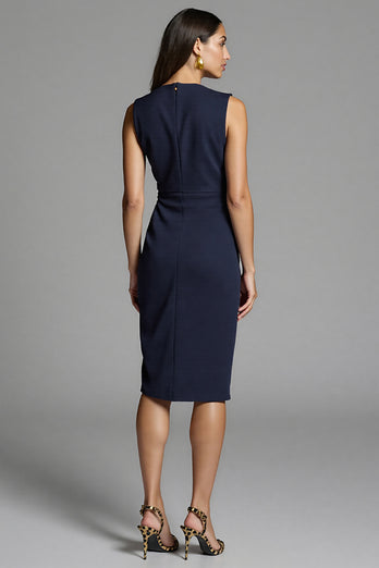 Navy Satin Bodycon Ruched Midi Work Dress