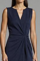 Load image into Gallery viewer, Navy Satin Bodycon Ruched Midi Work Dress