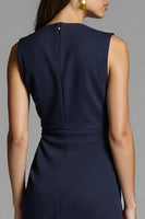 Load image into Gallery viewer, Navy Satin Bodycon Ruched Midi Work Dress