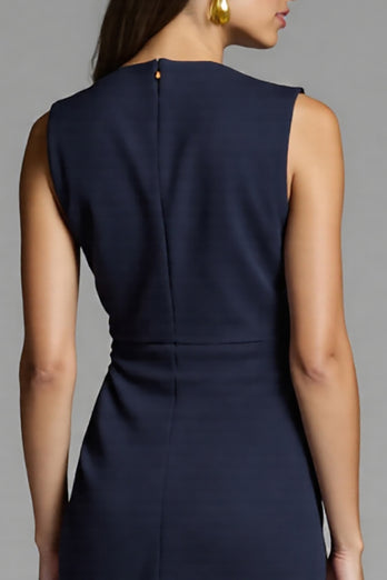 Navy Satin Bodycon Ruched Midi Work Dress