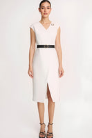 Load image into Gallery viewer, Ivory Satin Bodycon V-Neck Midi Work Dress with Slit