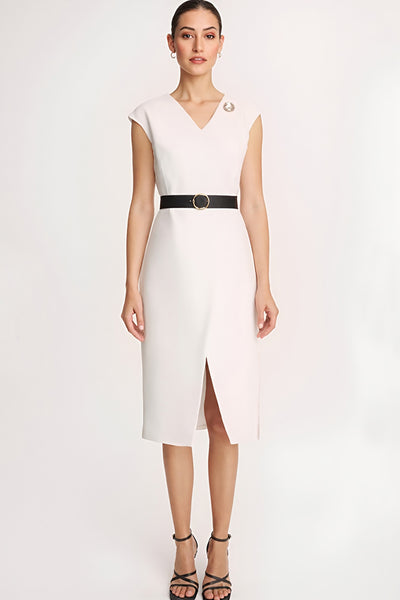 Ivory Satin Bodycon V-Neck Midi Work Dress with Slit