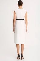 Load image into Gallery viewer, Ivory Satin Bodycon V-Neck Midi Work Dress with Slit