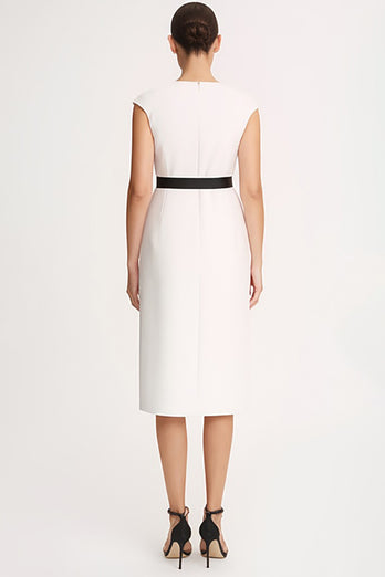 Ivory Satin Bodycon V-Neck Midi Work Dress with Slit