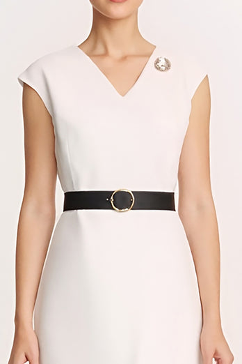Ivory Satin Bodycon V-Neck Midi Work Dress with Slit