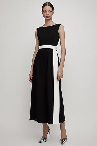 Black and White Satin A Line Long Work Dress