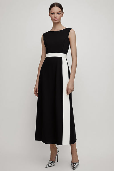 Black and White Satin A Line Long Work Dress