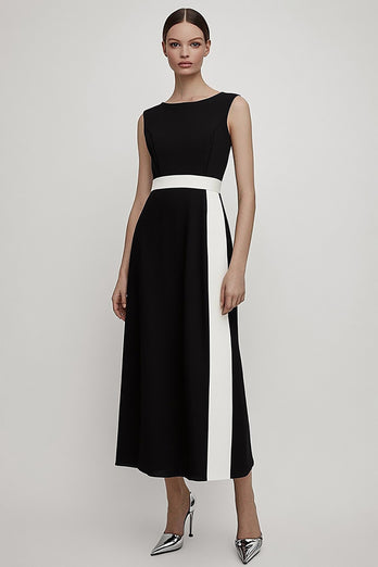 Black and White Satin A Line Long Work Dress