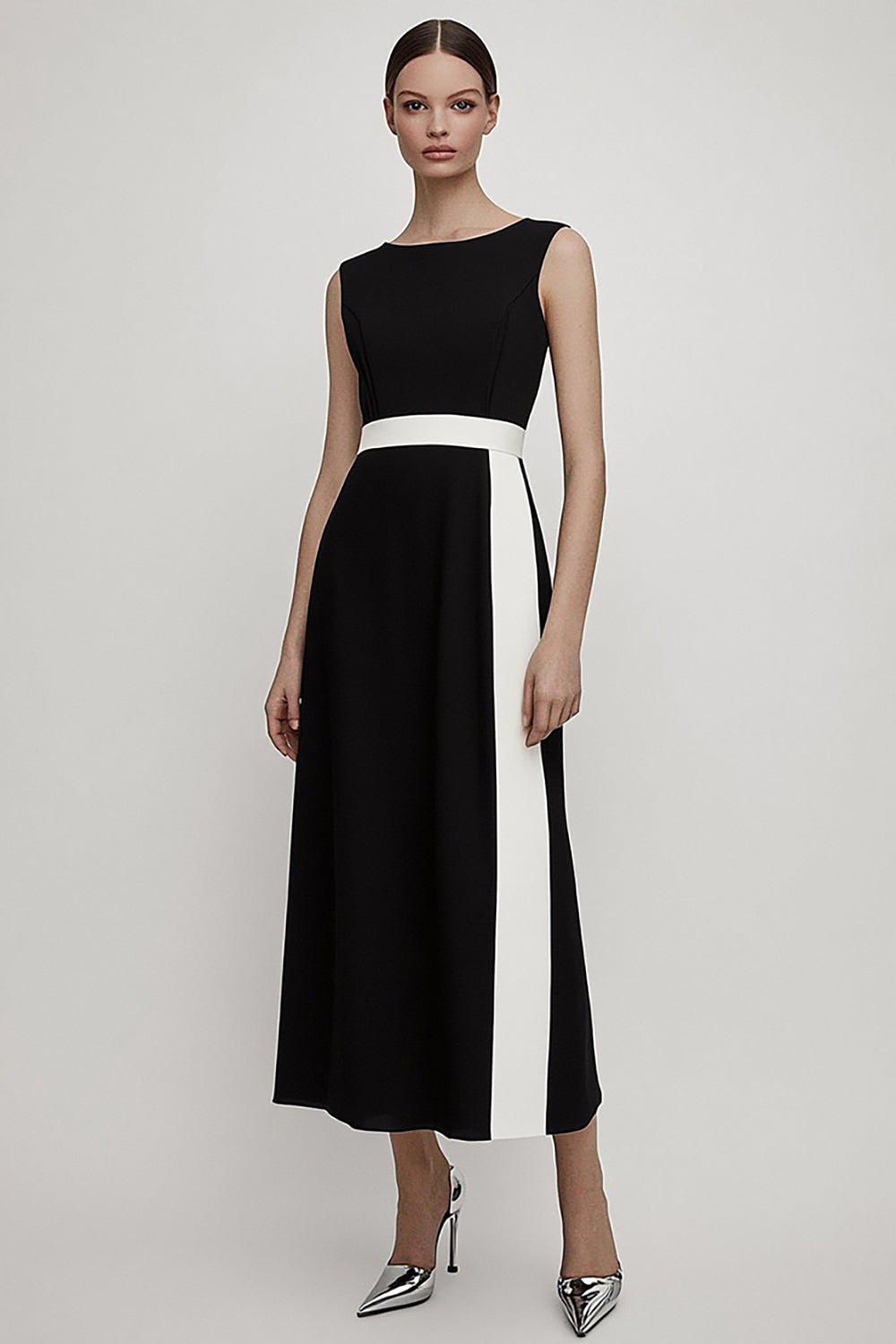 Black and White Satin A Line Long Work Dress