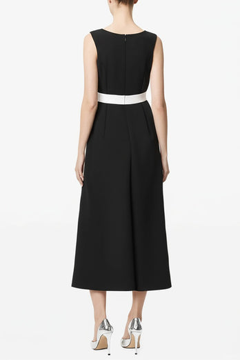 Black and White Satin A Line Long Work Dress