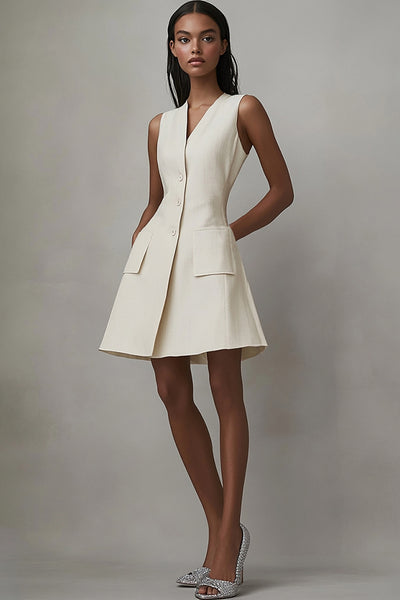 Ivory Satin A Line Short Work Blazer Dress with Pockets