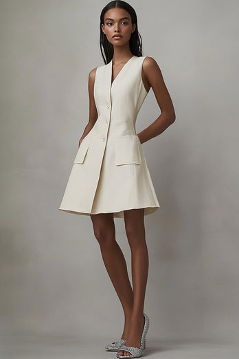 Ivory Satin A Line Short Work Blazer Dress with Pockets