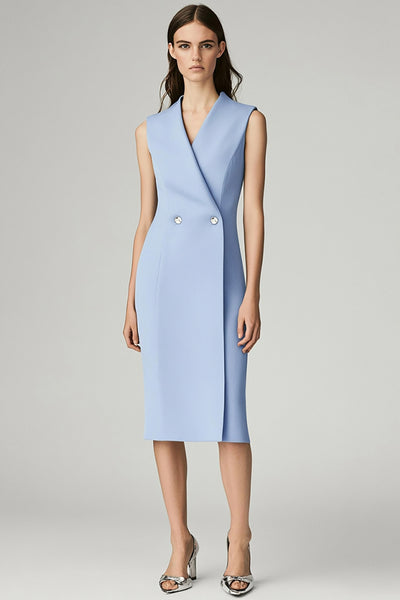 Sky Blue Satin A line Midi Work Blazer Dress