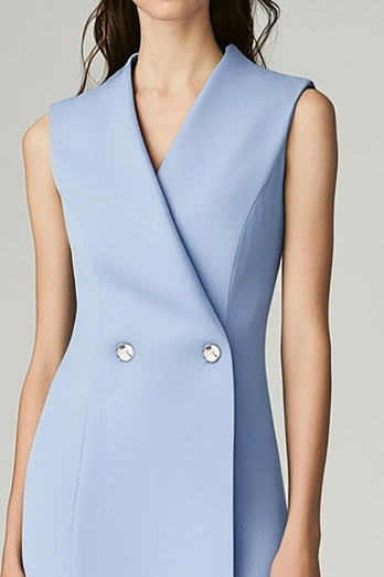 Sky Blue Satin A line Midi Work Blazer Dress