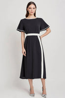 Load image into Gallery viewer, Black and White Satin A Line Midi Work Dress with Sleeves