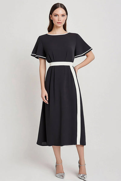 Black and White Satin A Line Midi Work Dress with Sleeves