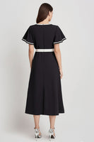 Load image into Gallery viewer, Black and White Satin A Line Midi Work Dress with Sleeves