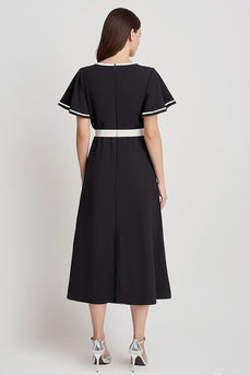 Black and White Satin A Line Midi Work Dress with Sleeves