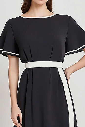 Black and White Satin A Line Midi Work Dress with Sleeves