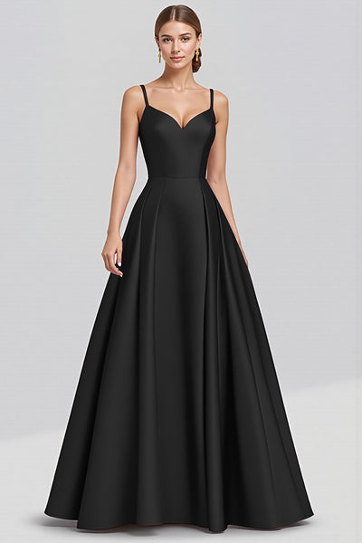 Black A Line Satin Spaghetti Straps Long Formal Dress