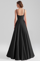 Load image into Gallery viewer, Black A Line Satin Spaghetti Straps Long Formal Dress