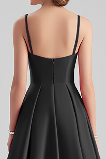 Black A Line Satin Spaghetti Straps Long Formal Dress