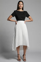 Load image into Gallery viewer, Black and White A Line Pleated Midi Satin Work Dress with Sleeves