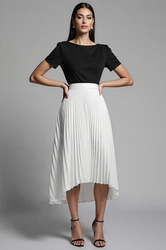 Black and White A Line Pleated Midi Satin Work Dress with Sleeves