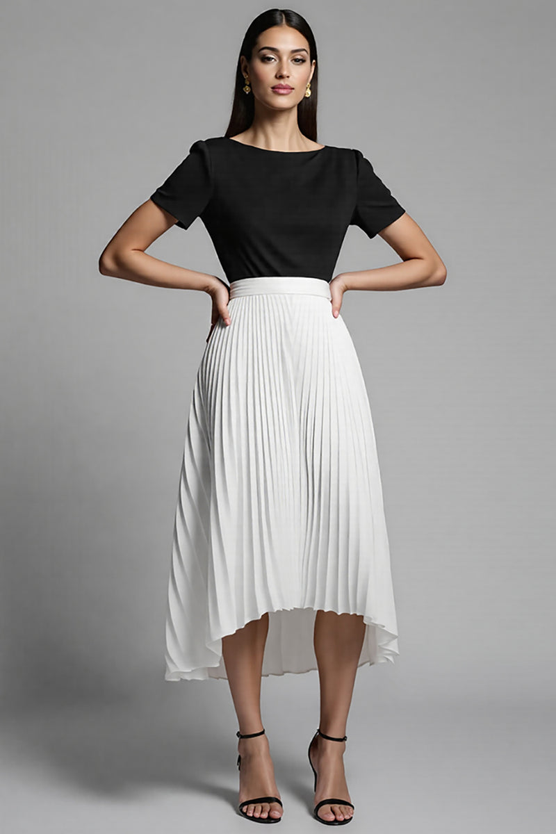 Load image into Gallery viewer, Black and White A Line Pleated Midi Satin Work Dress with Sleeves