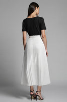 Load image into Gallery viewer, Black and White A Line Pleated Midi Satin Work Dress with Sleeves