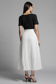 Black and White A Line Pleated Midi Satin Work Dress with Sleeves