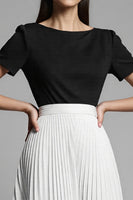 Load image into Gallery viewer, Black and White A Line Pleated Midi Satin Work Dress with Sleeves