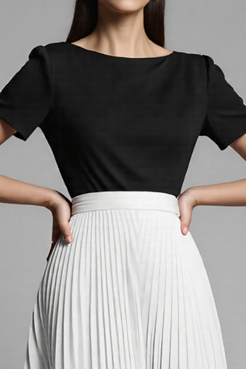 Black and White A Line Pleated Midi Satin Work Dress with Sleeves