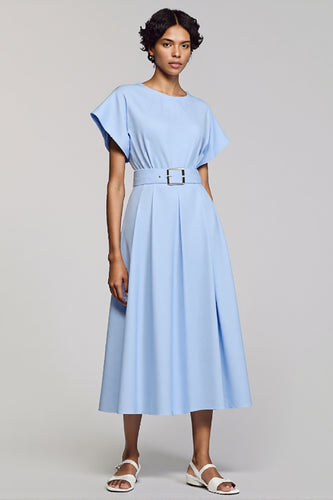 Sky Blue Satin A Line Midi Work Dress with Sleeves