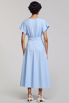 Sky Blue Satin A Line Midi Work Dress with Sleeves